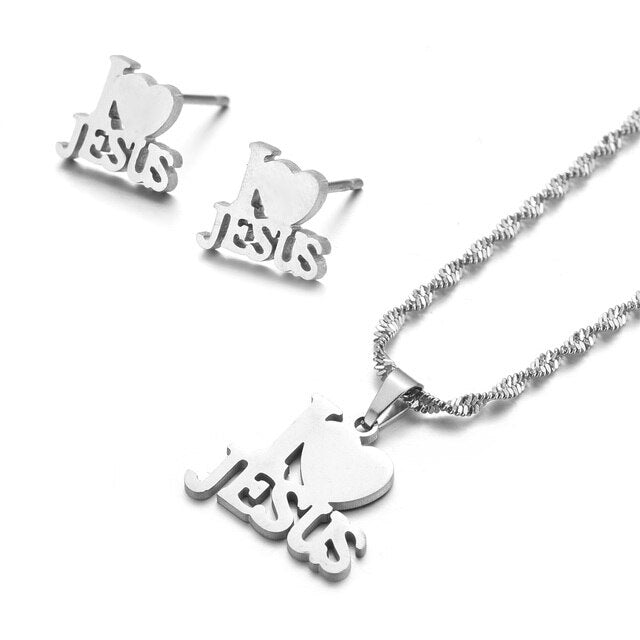 Heart I Love Jesus Pendant Necklace Women Girls Christian Religious Ornaments Cross with ear rings