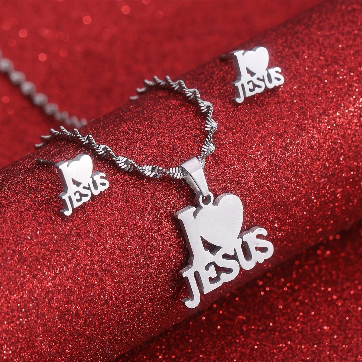 Heart I Love Jesus Pendant Necklace Women Girls Christian Religious Ornaments Cross with ear rings