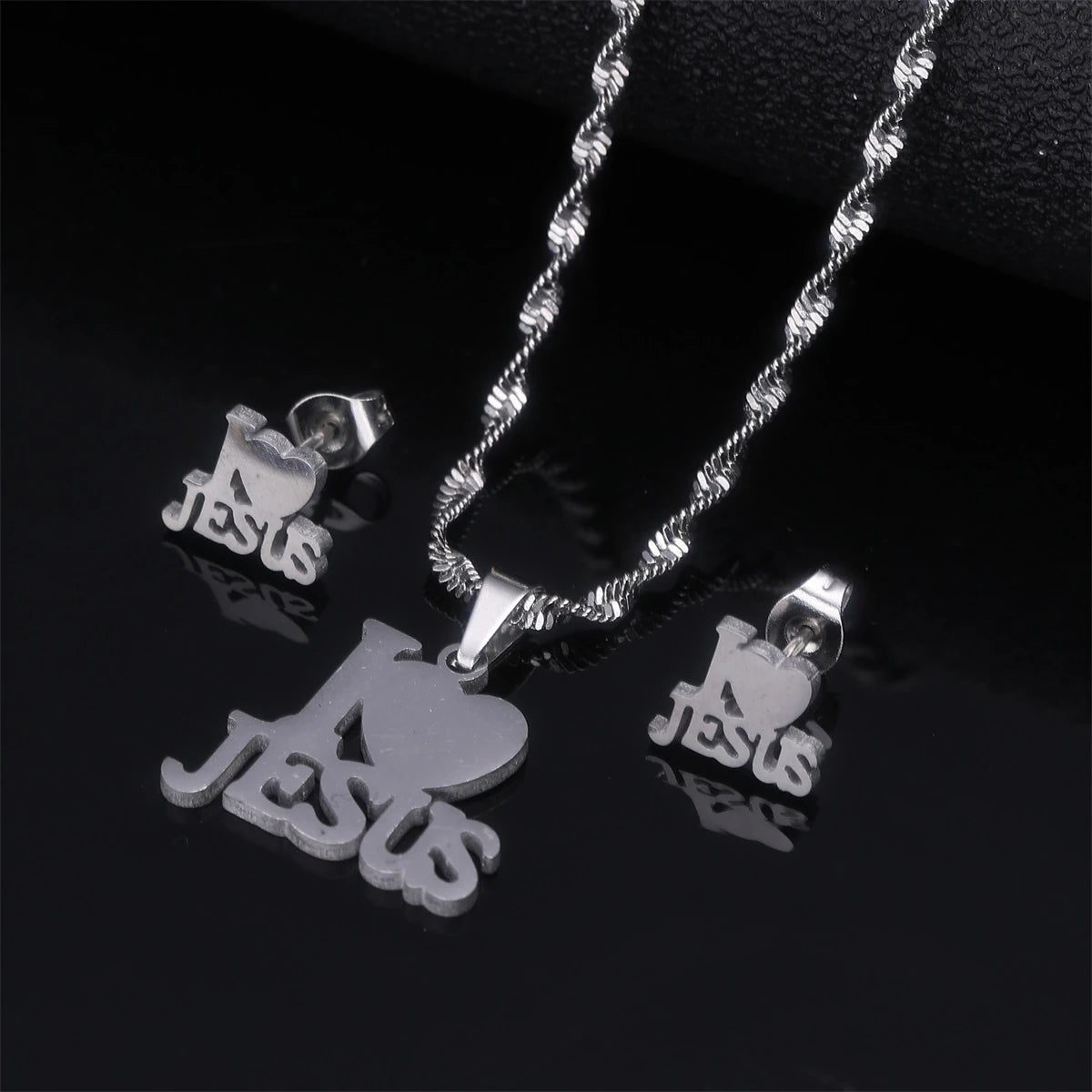 Heart I Love Jesus Pendant Necklace Women Girls Christian Religious Ornaments Cross with ear rings