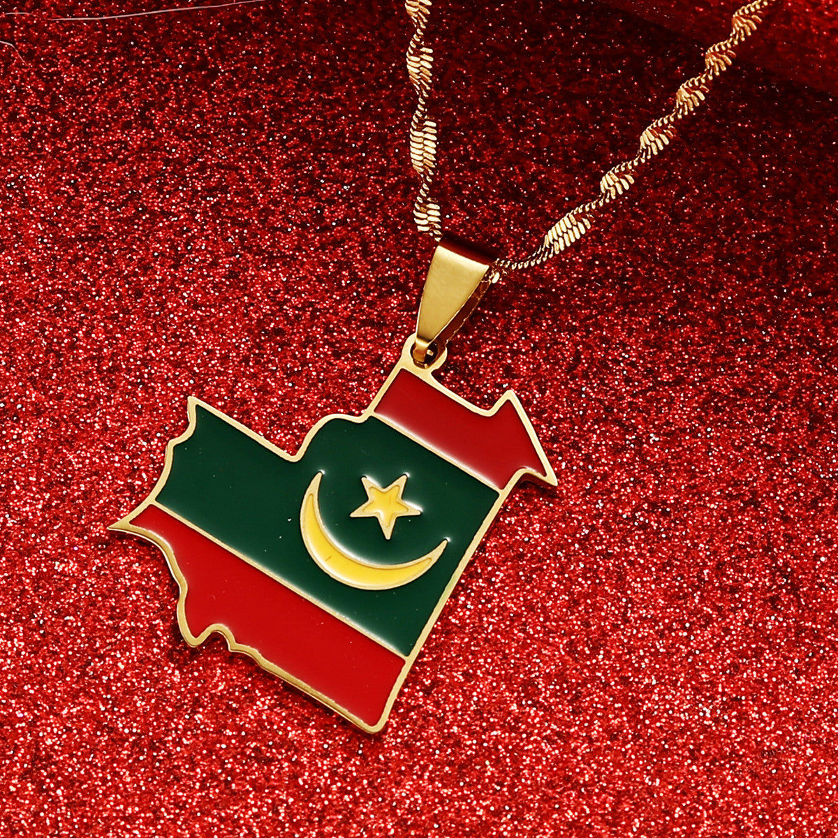 Mauritania Flag and Map Necklace for Men and Women