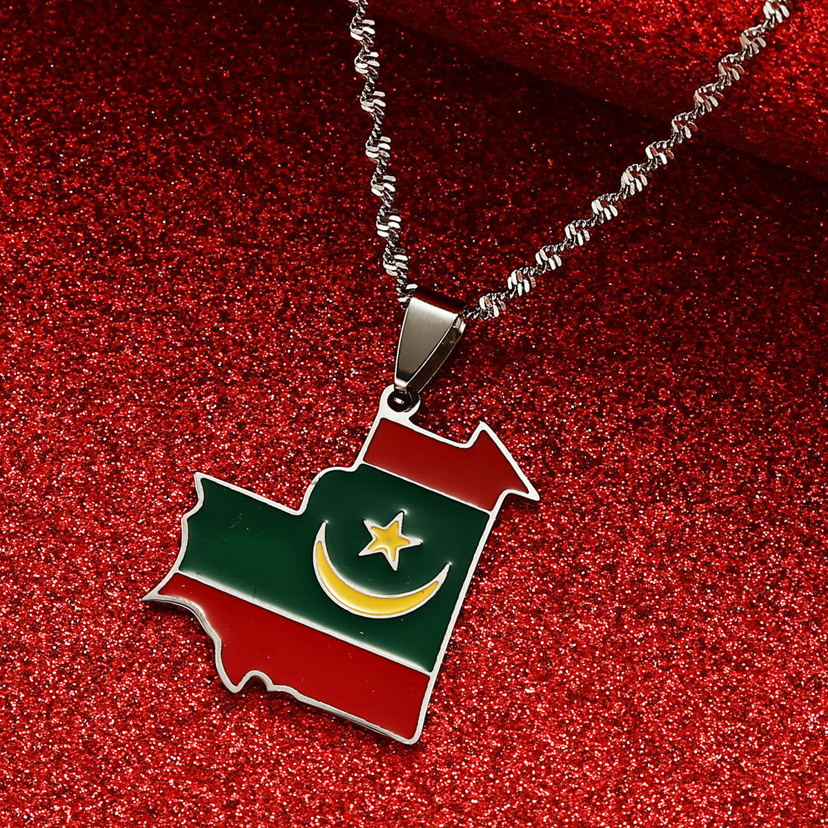 Mauritania Flag and Map Necklace for Men and Women