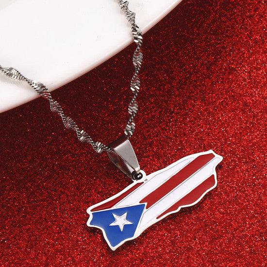 Puerto Rico Flag and Map Necklace for Men and Women.
