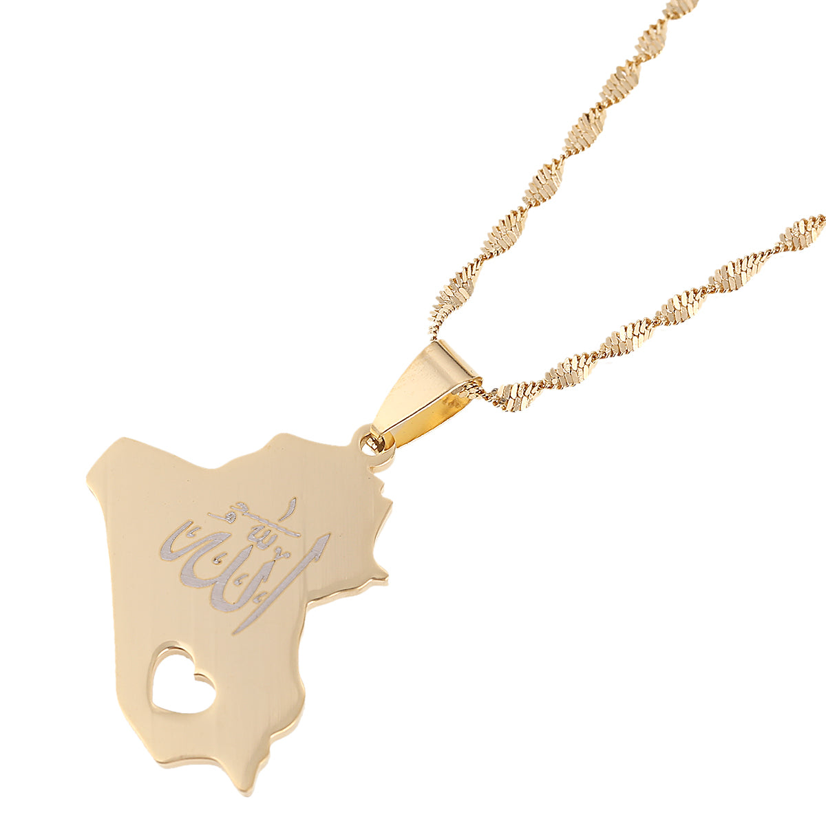 Stainless Steel Republic Of Iraq Map Pendant Necklace Golden Color Allah Heart Chain Jewelry