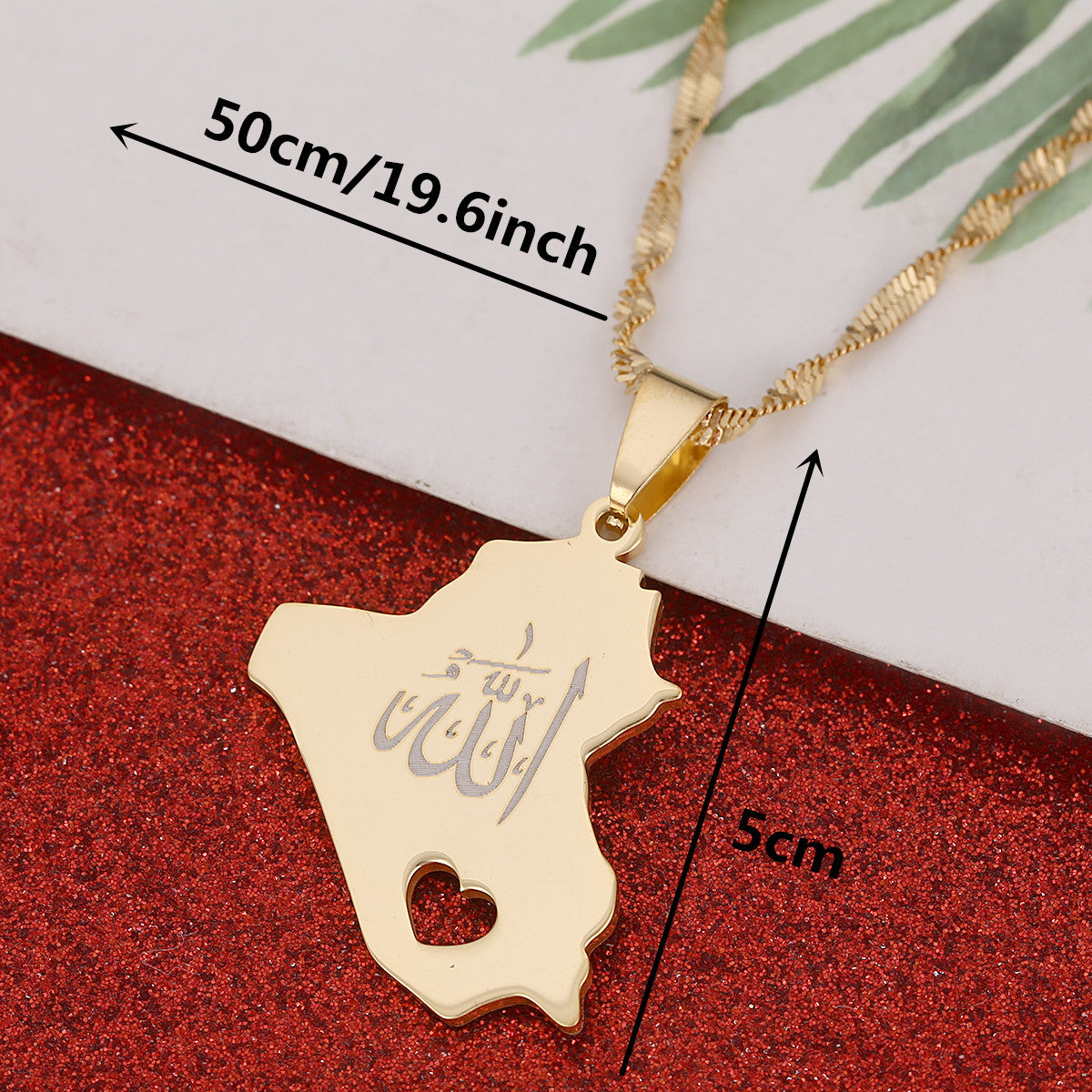 Stainless Steel Republic Of Iraq Map Pendant Necklace Golden Color Allah Heart Chain Jewelry