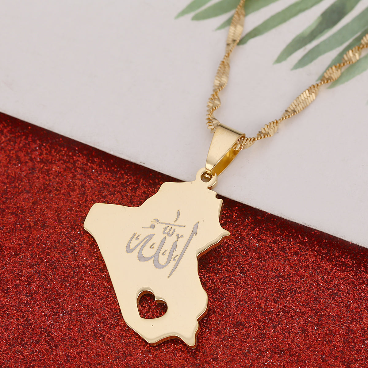 Stainless Steel Republic Of Iraq Map Pendant Necklace Golden Color Allah Heart Chain Jewelry