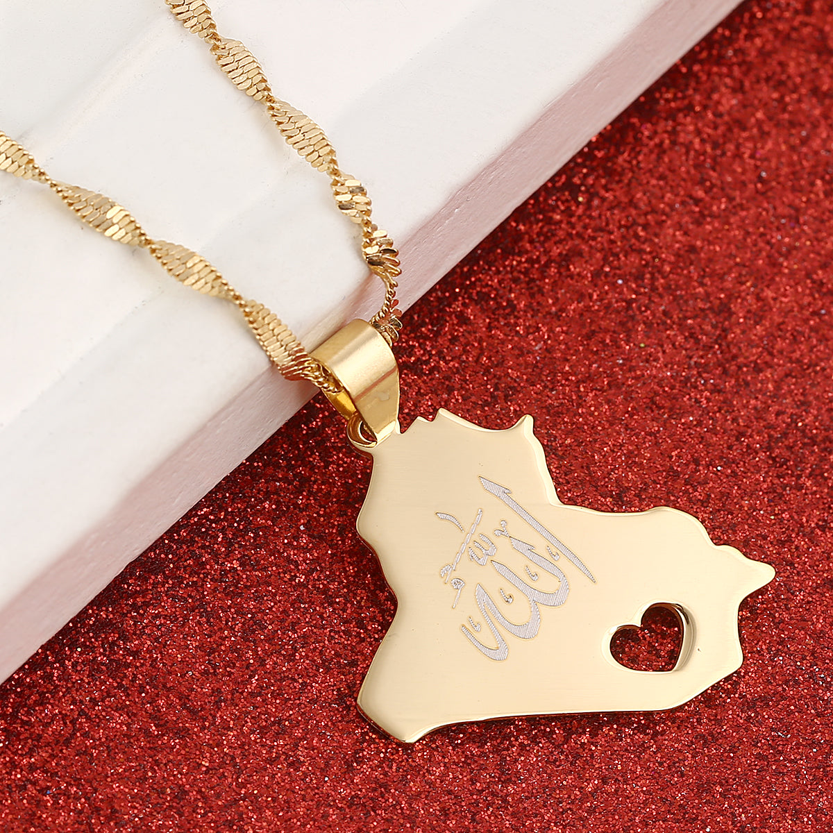 Stainless Steel Republic Of Iraq Map Pendant Necklace Golden Color Allah Heart Chain Jewelry