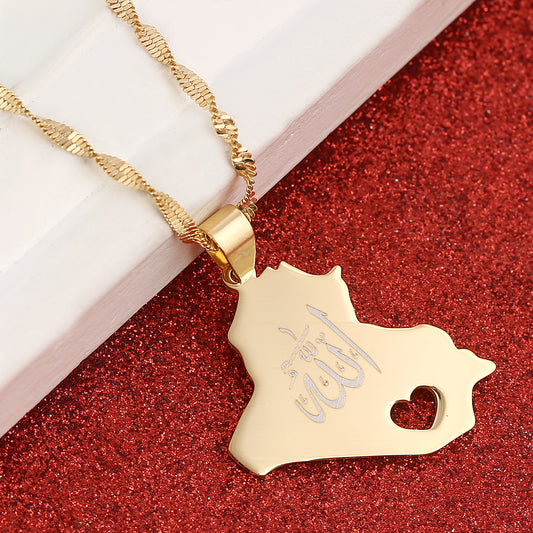 Stainless Steel Republic Of Iraq Map Pendant Necklace Golden Color Allah Heart Chain Jewelry