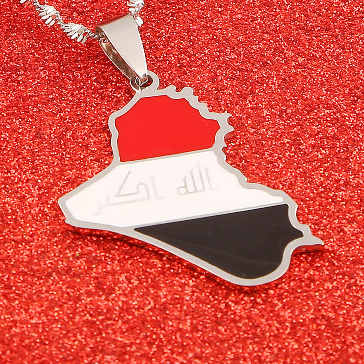 Stainless Steel Republic Of Iraq Map Pendant Necklace Silver Color with Iraq's flag , Chain Jewelry